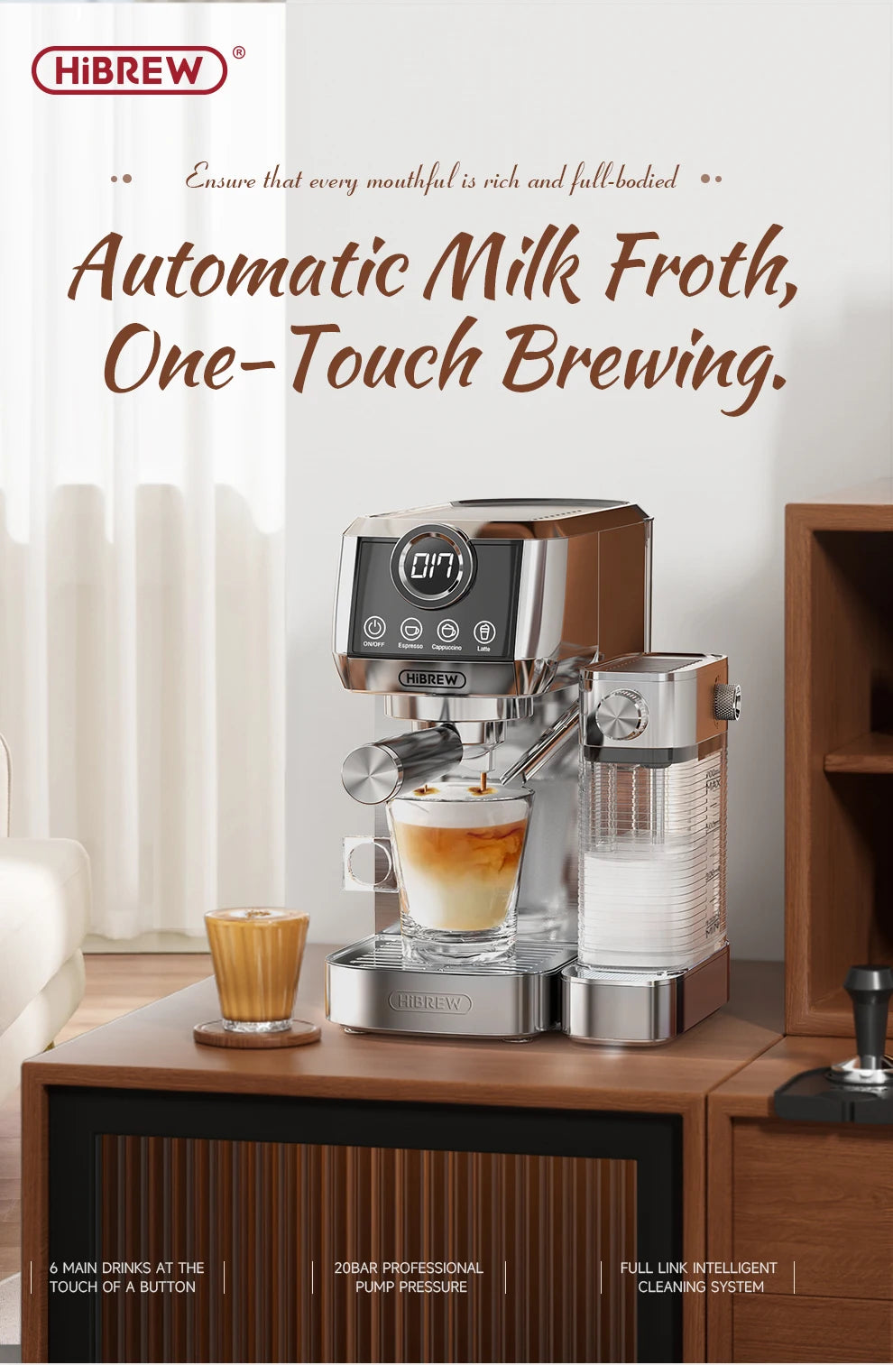 HiBREW stainless steel automatic espresso machine with digital display, milk frother, and one-touch brewing system.