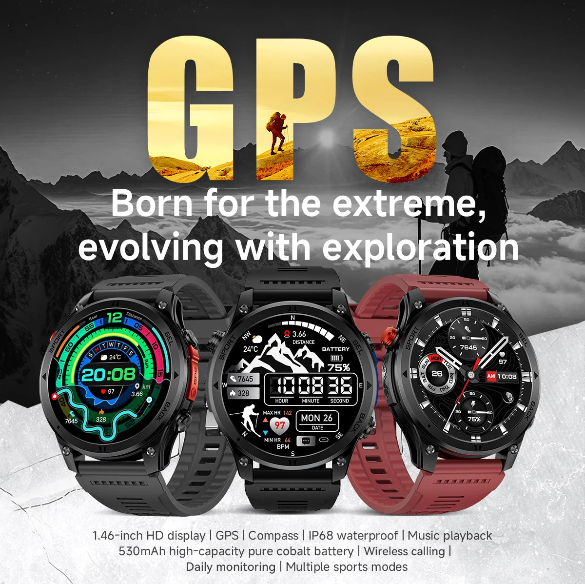 LIGE New Global Hiking Smart Watch 1.46''HD Screen 530mAh Battery GPS Path Track Outdoor Sport Fitness Waterproof Smartwatch Men