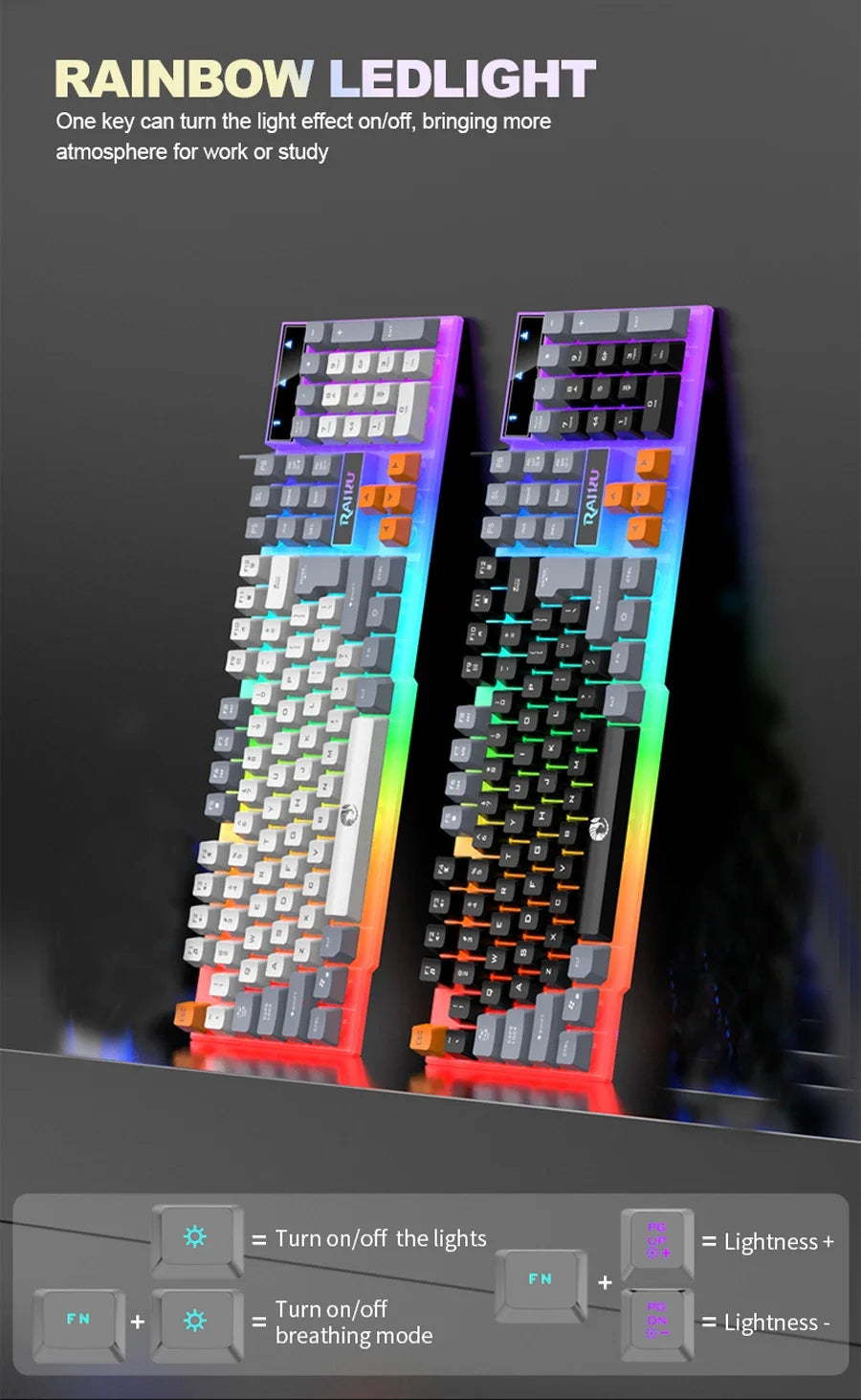 Single Keyboard and Keyboard Mouse RAIKU T26 Three Tone Luminous Keyboard Mouse Wired Mechanical Touch Gaming Mouse Keyboard Set