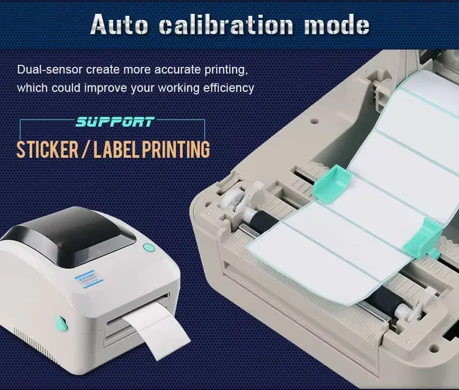 Desktop thermal label printer with internal label path shown and auto-calibration mode setup
