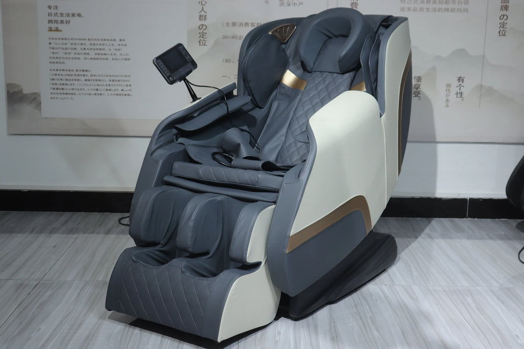 Gray shiatsu massage chair shown at an angle with recline position and side remote