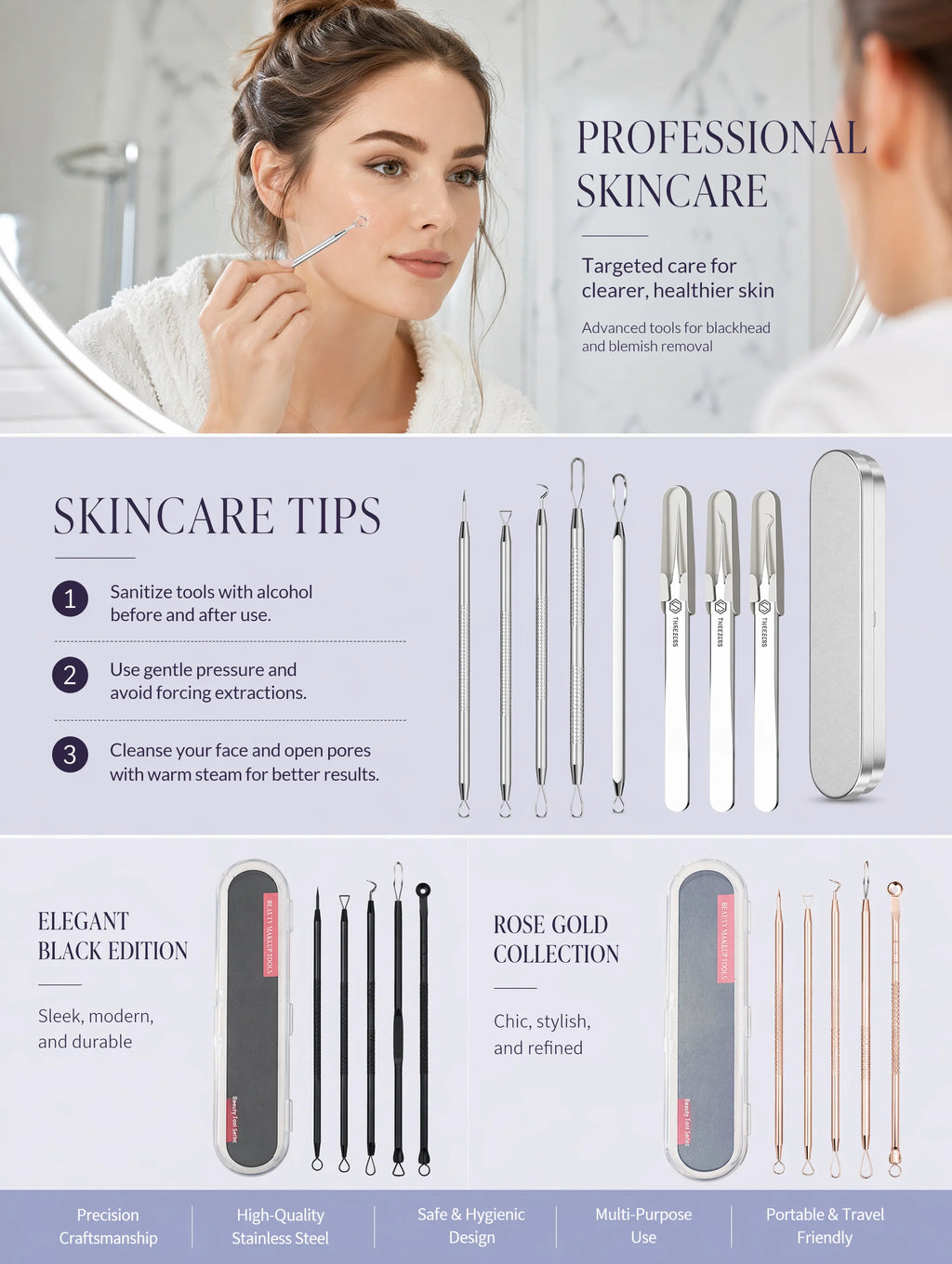 Stainless Steel Acne Needle Set of 8 Pieces, High-Density Blackhead Tweezers, Professional Acne Extraction Needles, Tool for Removing Closed Comedones, Portable Storage Set for Home and Beauty Salon Use