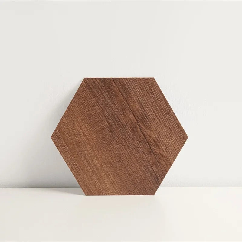 Hexagon wood-grain vinyl peel-and-stick floor tile, rich dark brown with smooth grain