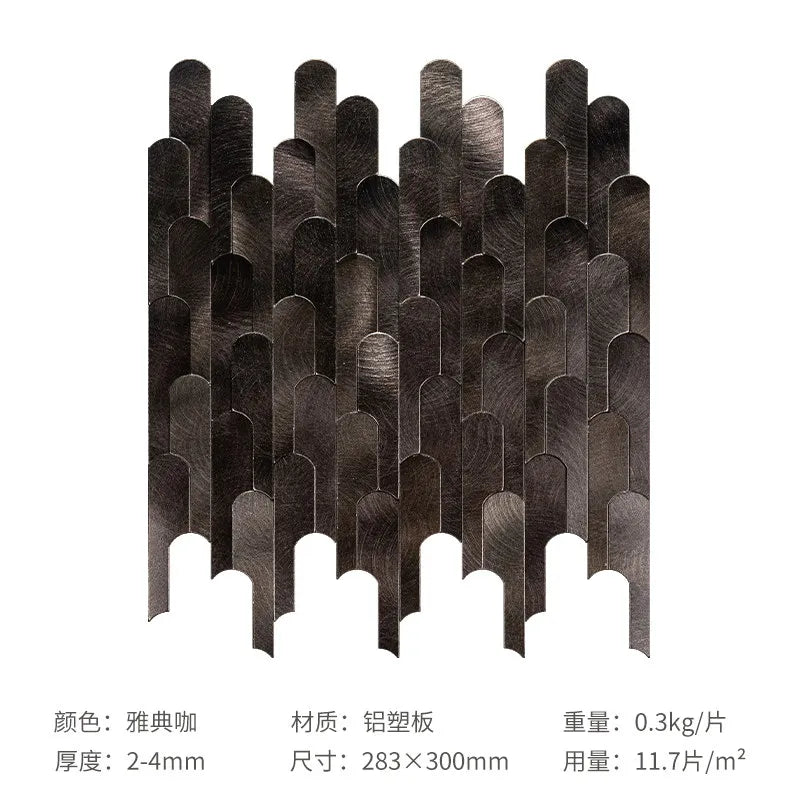 Metal mosaic peel-and-stick wall sticker strip with 3D arch tile pattern, dark finish