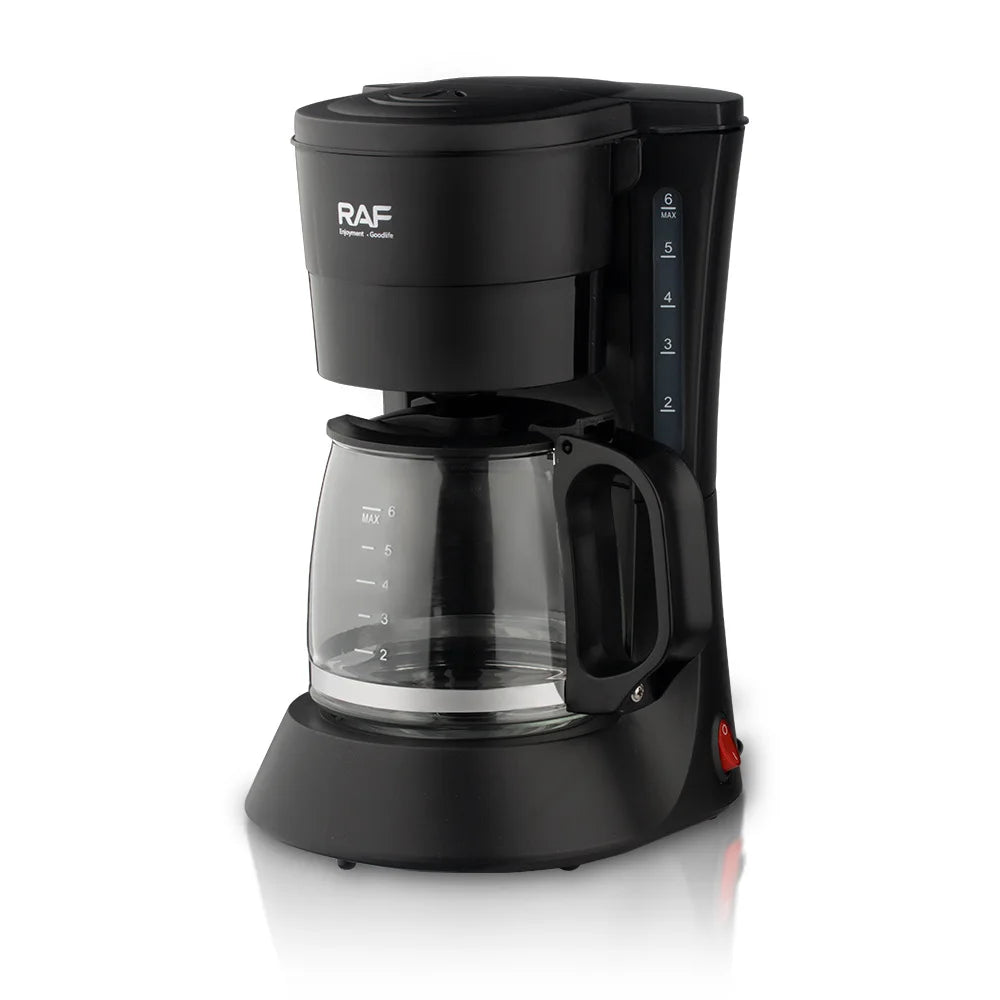 RAF black 6-cup drip coffee maker with glass carafe and water level indicator on a white background.