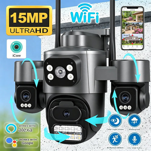 Outdoor PTZ security camera with dual lenses, LED array, and two-way audio design