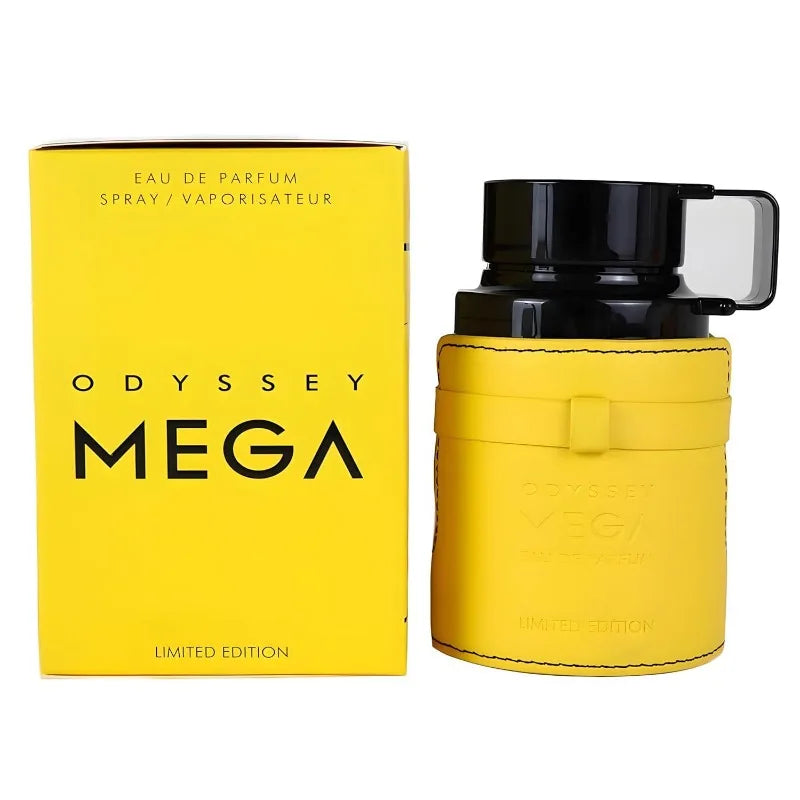 Armaf Odyssey Mega Unisex Eau de Parfum. Woody scent in a unique yellow leather-wrapped bottle with black handle cap.