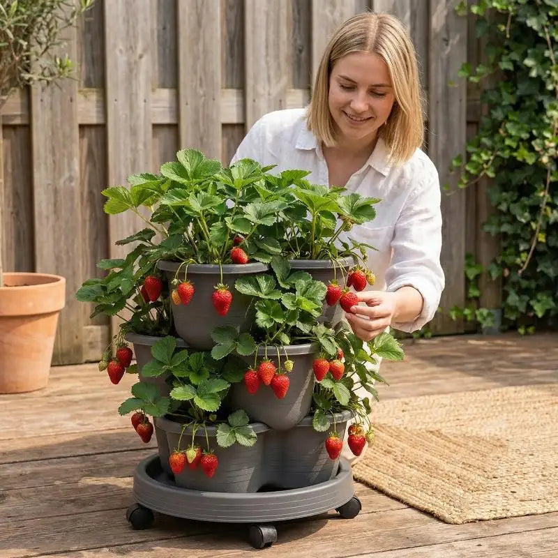 Stackable gray plastic planter tower with layered pots holding strawberry plants