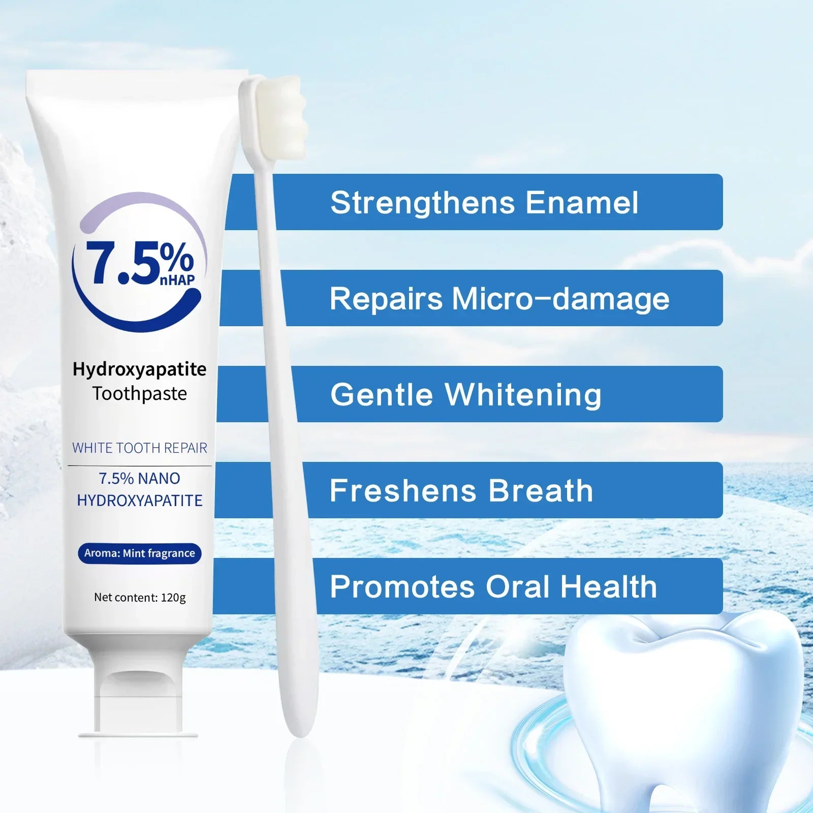 Tidesmit Hydroxyapatite Enamel Repair Toothpaste and Whitening Pen kit for stain removal and fresh breath.