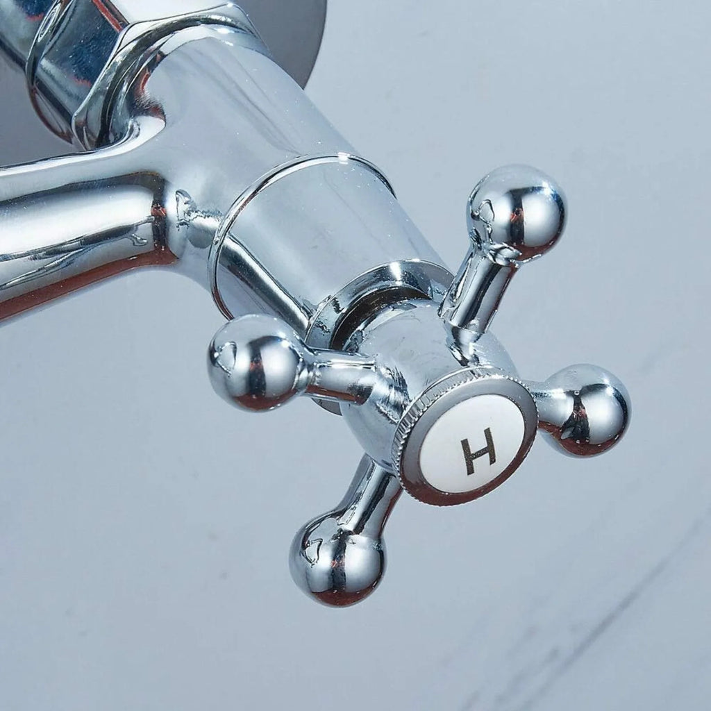 Dual Handle Brass Wall Mount Kitchen Faucet, Rotatable Spout Hot Cold Water Mixer Tap for Kitchen Sink