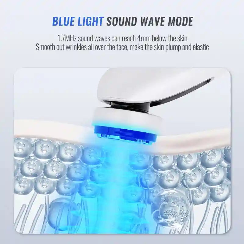 Portable mini HIFU beauty device with blue light ultrasonic technology for facial skin firming and anti-wrinkle care.