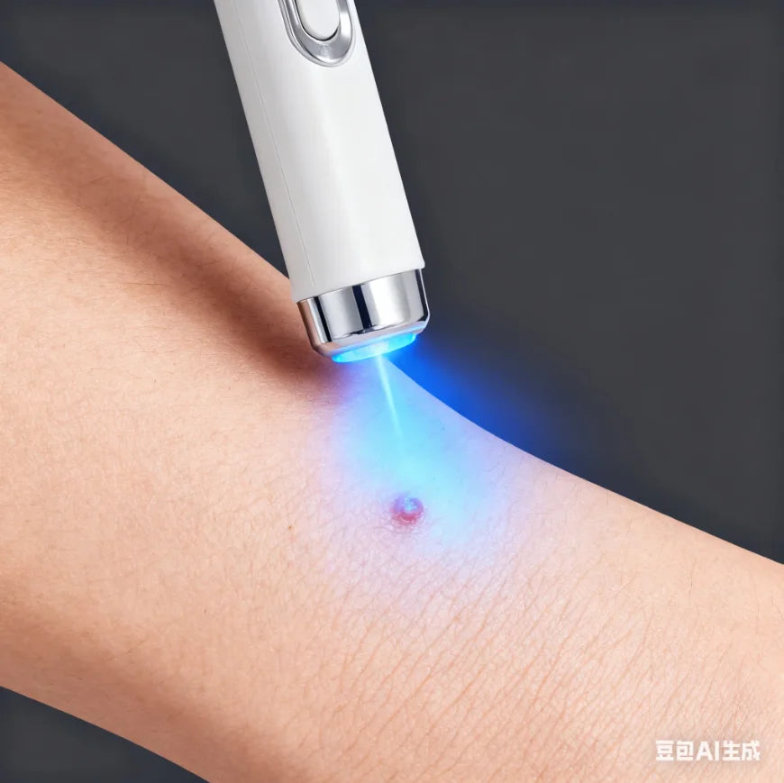 Handheld white blue light laser wart removal pen device treating a skin blemish on an arm.