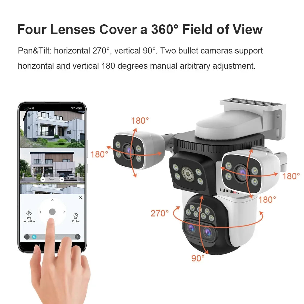 LS VISION Wireless WiFi Camera, 10K, 20MP, Outdoor, 10X Zoom, Four Lens, 720 ° PTZ, Automatic Tracking, Waterproof CCTV Cam