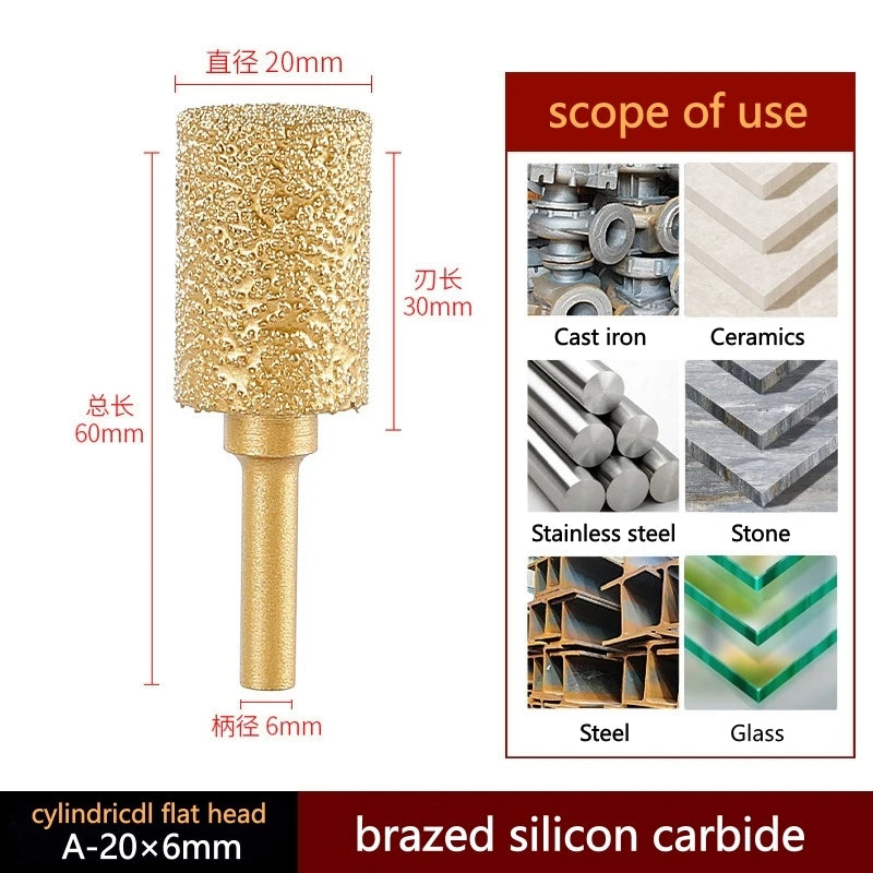 Brazed silicon carbide cylindrical flat head, 20mm diameter, 6mm shank