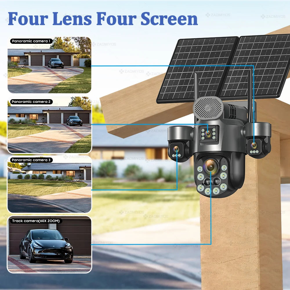 60X Optical Zoom Home Surveillance Solar Cameras 4G Security Protection Auto Track  24/7 Record 4 Screen/4 Lens CCTV PTZ Camera