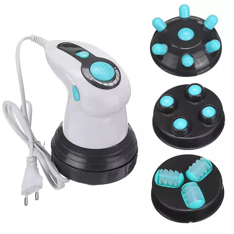 White and black handheld electric body massager with three interchangeable circular heads for muscle relief.