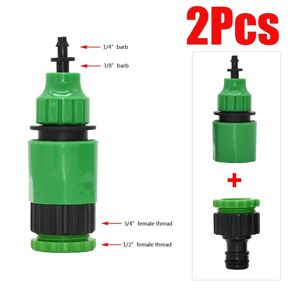 Green and black quick coupling adapter set with barbed hose connectors and female threads