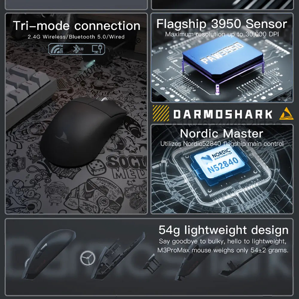 Darmoshark  M3 Pro /Max Wireless Gaming Mouse Bluetooth Tri-Mode PAW3395/3950 Nordic 52840 Game Macro Mouse For PC Laptop