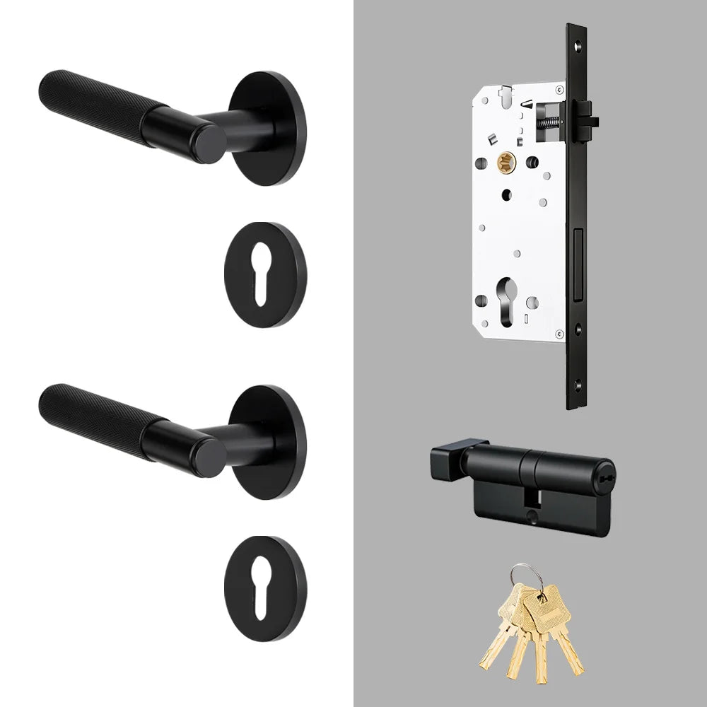 DOOROOM Brass Door Lock Set Modern Knurled Matte Black Interior Door Lock Decorative Lock Privacy Lock Passage Lock