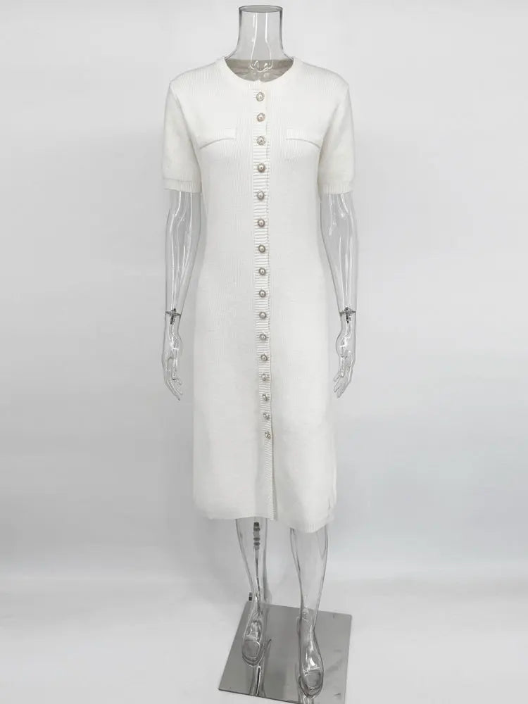 Tossy White Elegant Knitwear Maxi Dress For Women Short Sleeve Ribbed Slim High Waist Cardigan Dress Female Knit Long Dress 2025