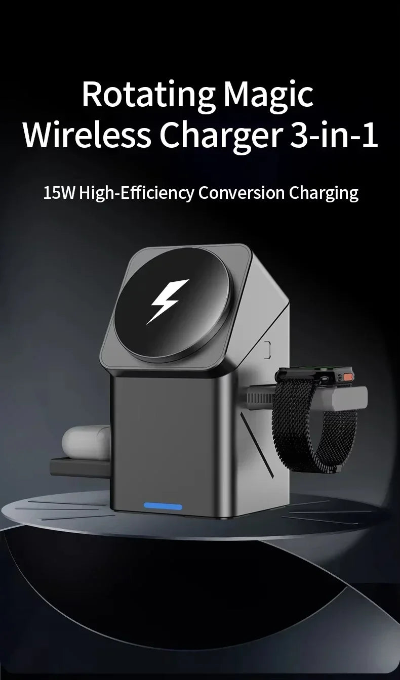 3-in-1 Fast Wireless Charger for iPhone, Apple Watch & AirPods - Grey Tidesmit