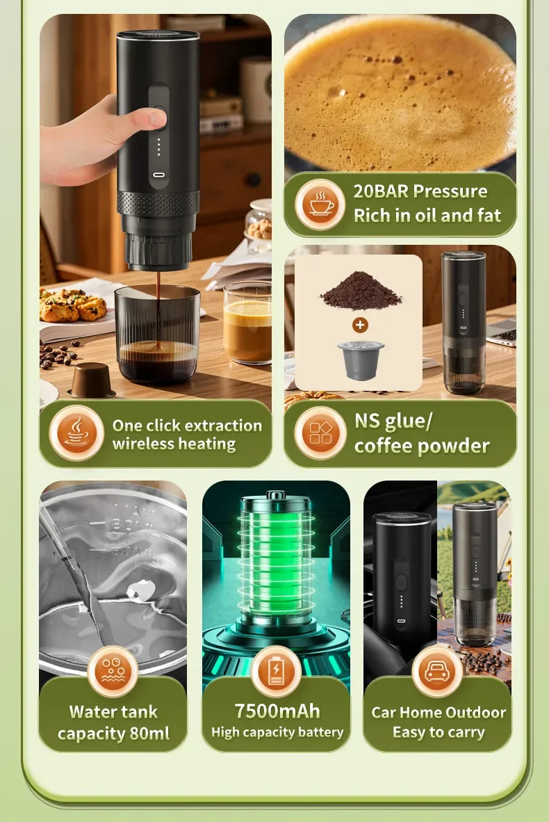 Portable black wireless espresso maker with 80ml tank, 7500mAh battery, and 20 bar pressure for coffee grounds or pods.