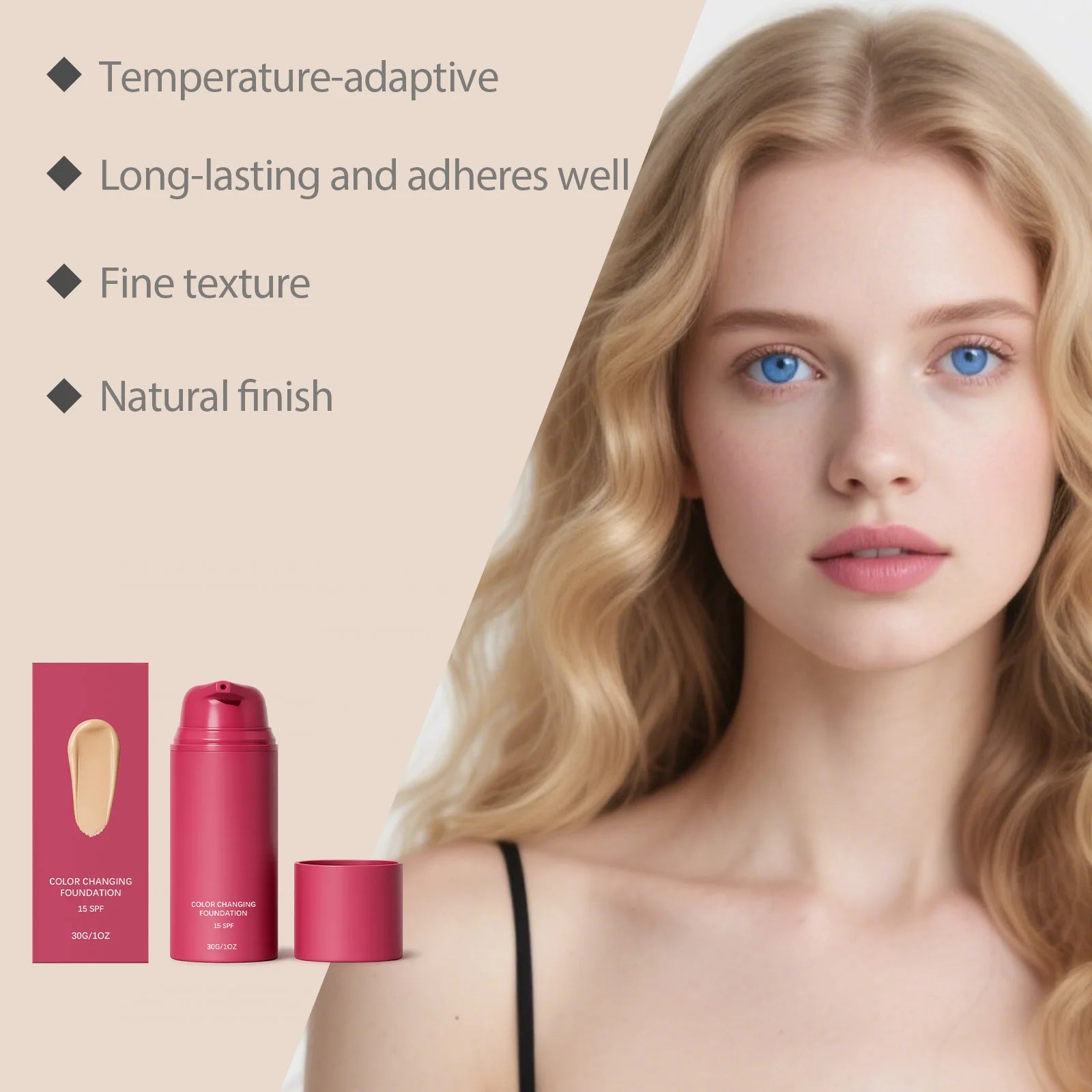 Tidesmit color changing foundation texture close-up showing long lasting waterproof natural coverage for face makeup