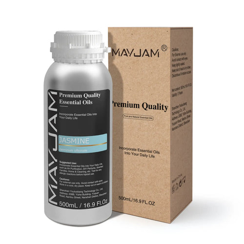Mayjam Jasmine essential oil in a silver bottle with brown box for aromatherapy and wellness.