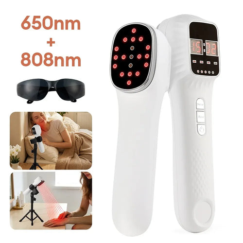 Handheld red light therapy device, oval head with 650nm and 808nm LEDs for pain relief and wellness therapy.