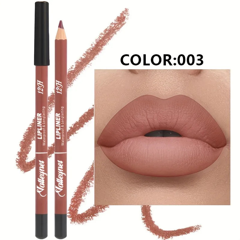Long-lasting velvet matte lip liner pencil in shade 003, featuring a waterproof, smooth nude-brown finish on lips.