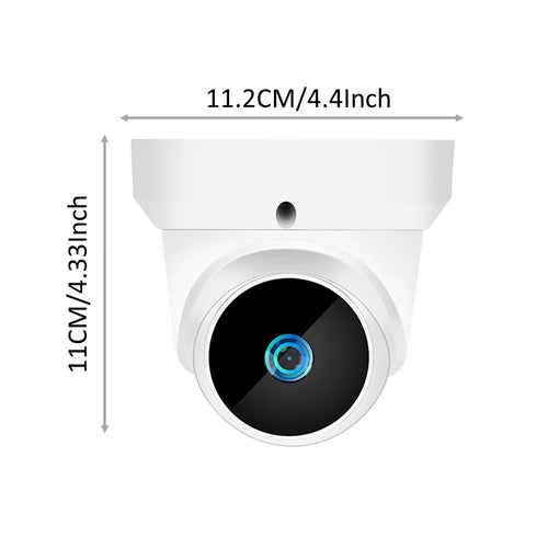 White ceiling dome Wi‑Fi security camera with black lens, size guide shown