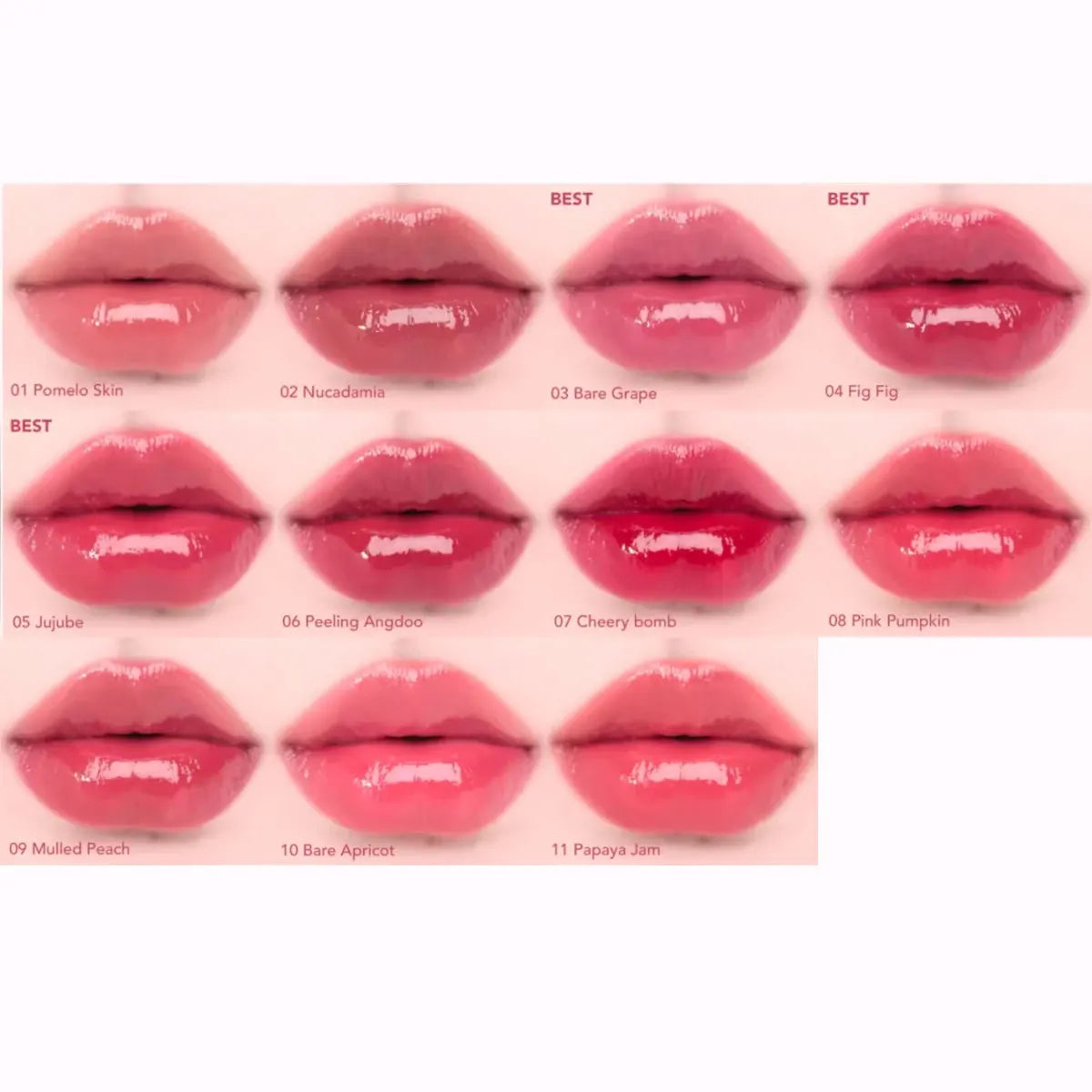 rom&nd Juicy Lasting Tint swatch chart: 11 glossy, hydrating K-beauty lip shades for a vibrant, moisturized finish.