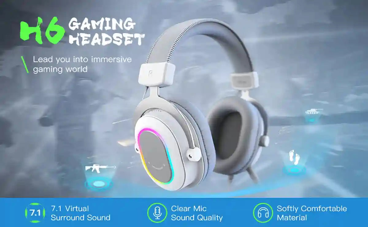RGB Gaming Headset 7.1 Surround Sound - White Over-Ear Wired Headset Tidesmit