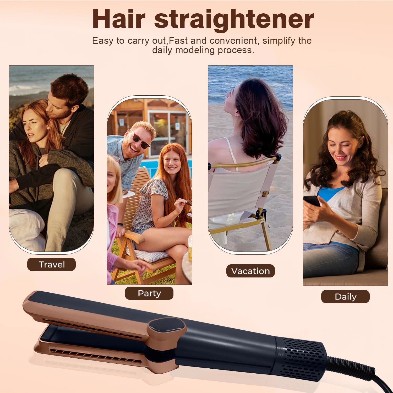2-in-1 bronze and black ionic hair straightener and dryer with LCD display for professional wet and dry hair styling.