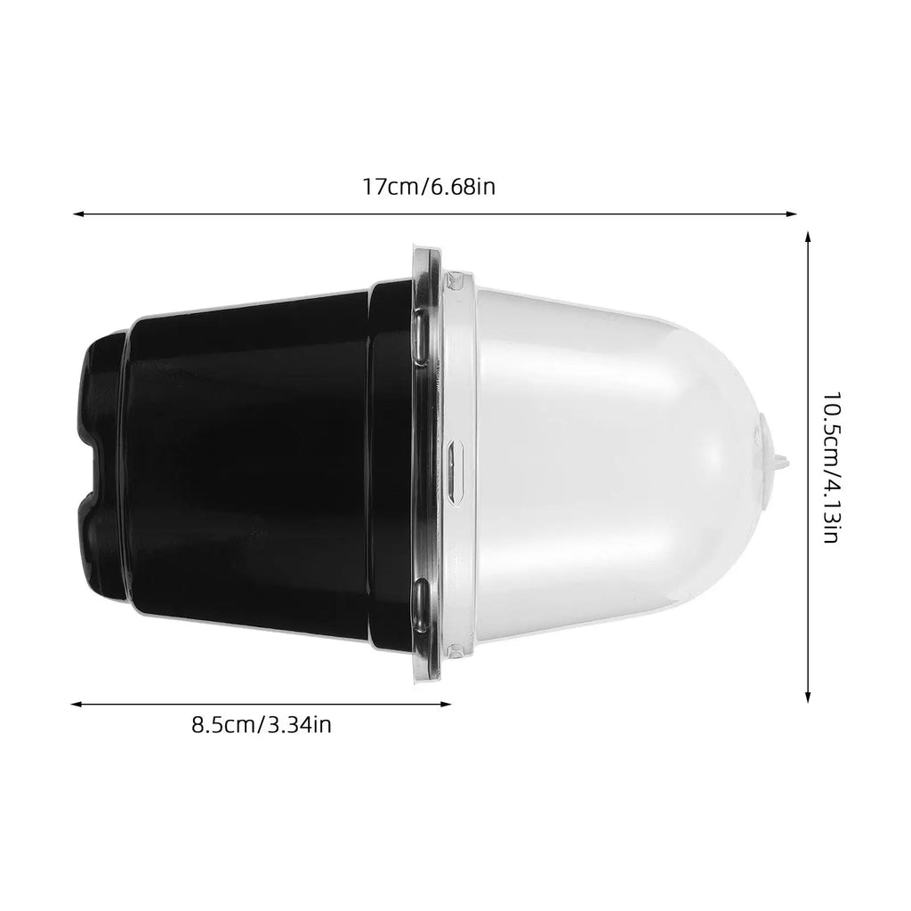 Seed raising cups, black base with clear lid; side view and dimensions