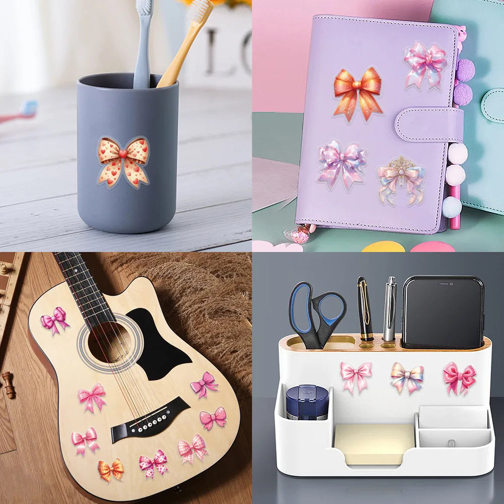 60pcs waterproof transparent PET bow sticker pack for journaling, scrapbooking, and personalizing accessories.