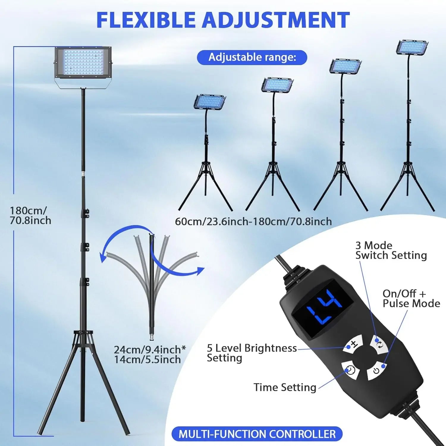 50W blue light tanning lamp with adjustable tripod stand, 96 LED bulbs, height range, and multi-function controller.