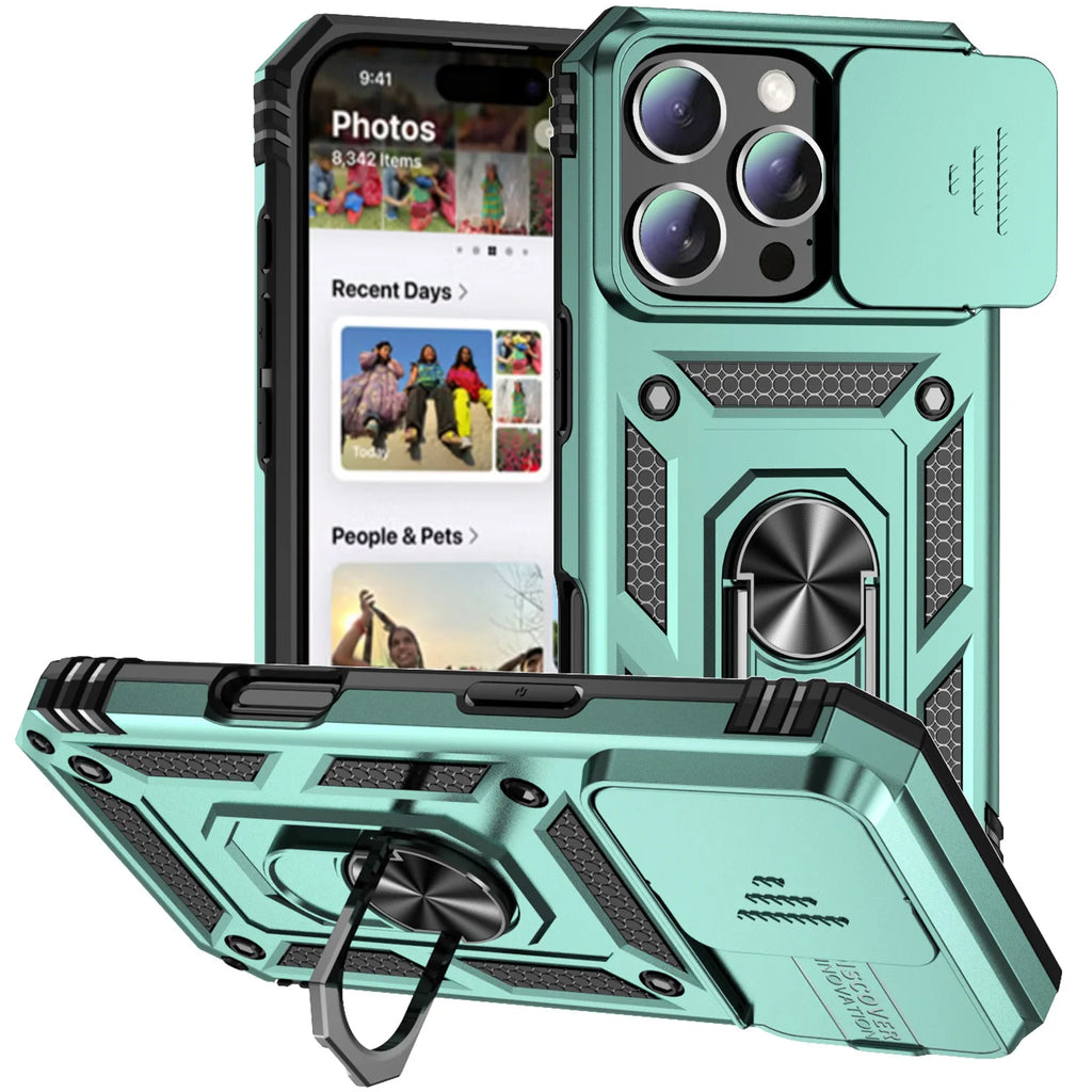 iPhone 16 Pro Max Case with Ring Stand and Lens Cover - Tidesmit Green Tidesmit