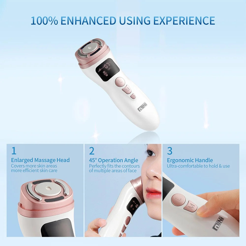 White and rose gold handheld HIFU facial tightening device with digital display and ergonomic buttons.