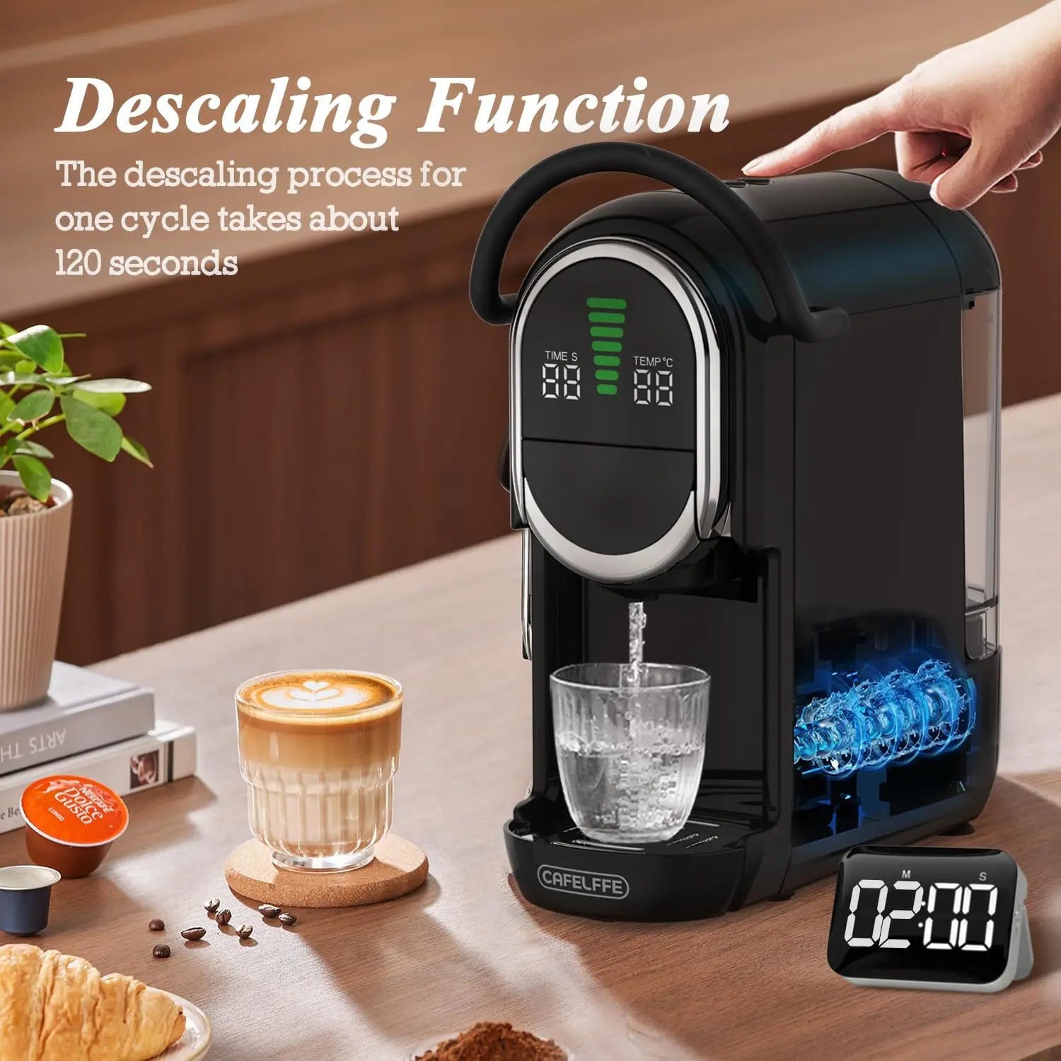 Cafelffe black capsule coffee machine with digital display and descaling function showing 120-second cycle.