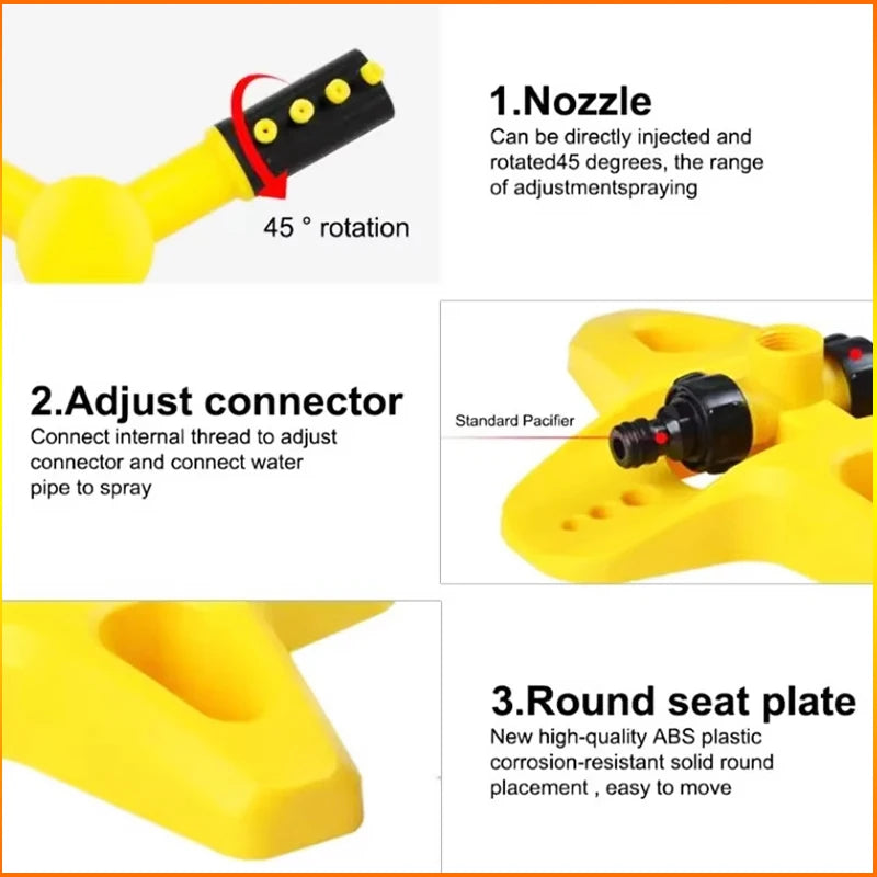 Yellow sprinkler nozzle with 45° rotation adjustment connector and fittings