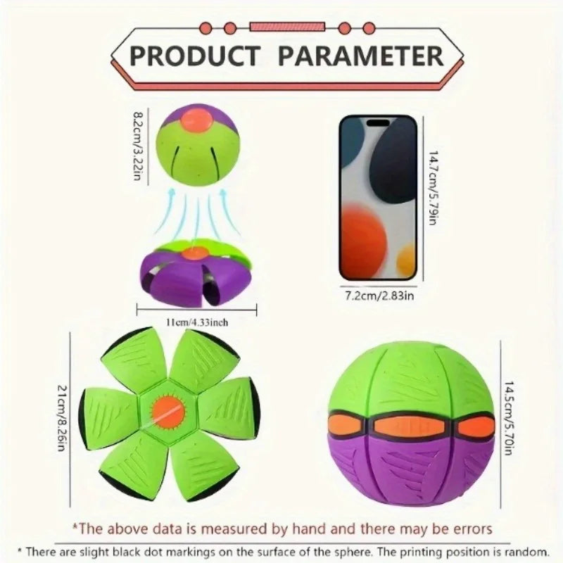 Durable purple and green deformable UFO dog ball toy for interactive training and outdoor pet play.