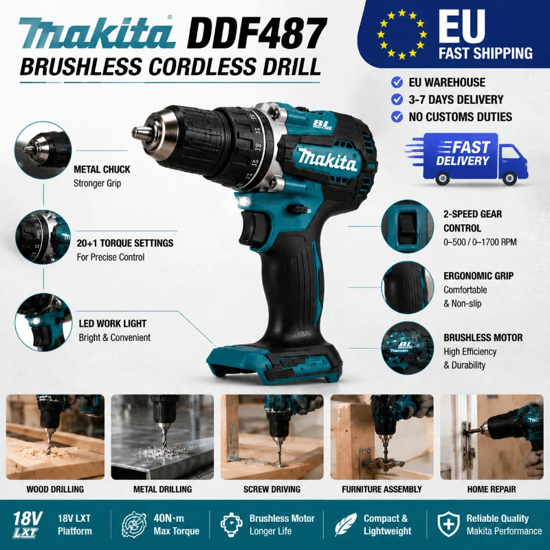 Makita 18V LXT Brushless Cordless Drill DDF487 + BL1860B BL1840 6.0Ah Battery Pack OEM Original High Torque Power Tool Set EU Warehouse Fast Shipping