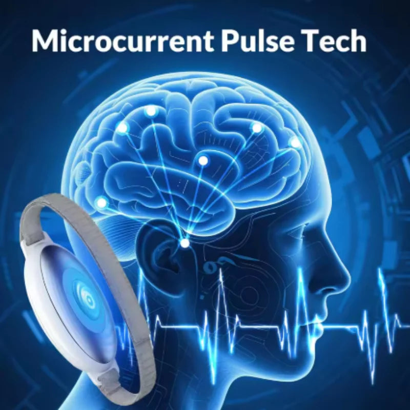 White portable microcurrent sleep aid device with wrist strap for insomnia and anxiety relief, shown with brain graphic.