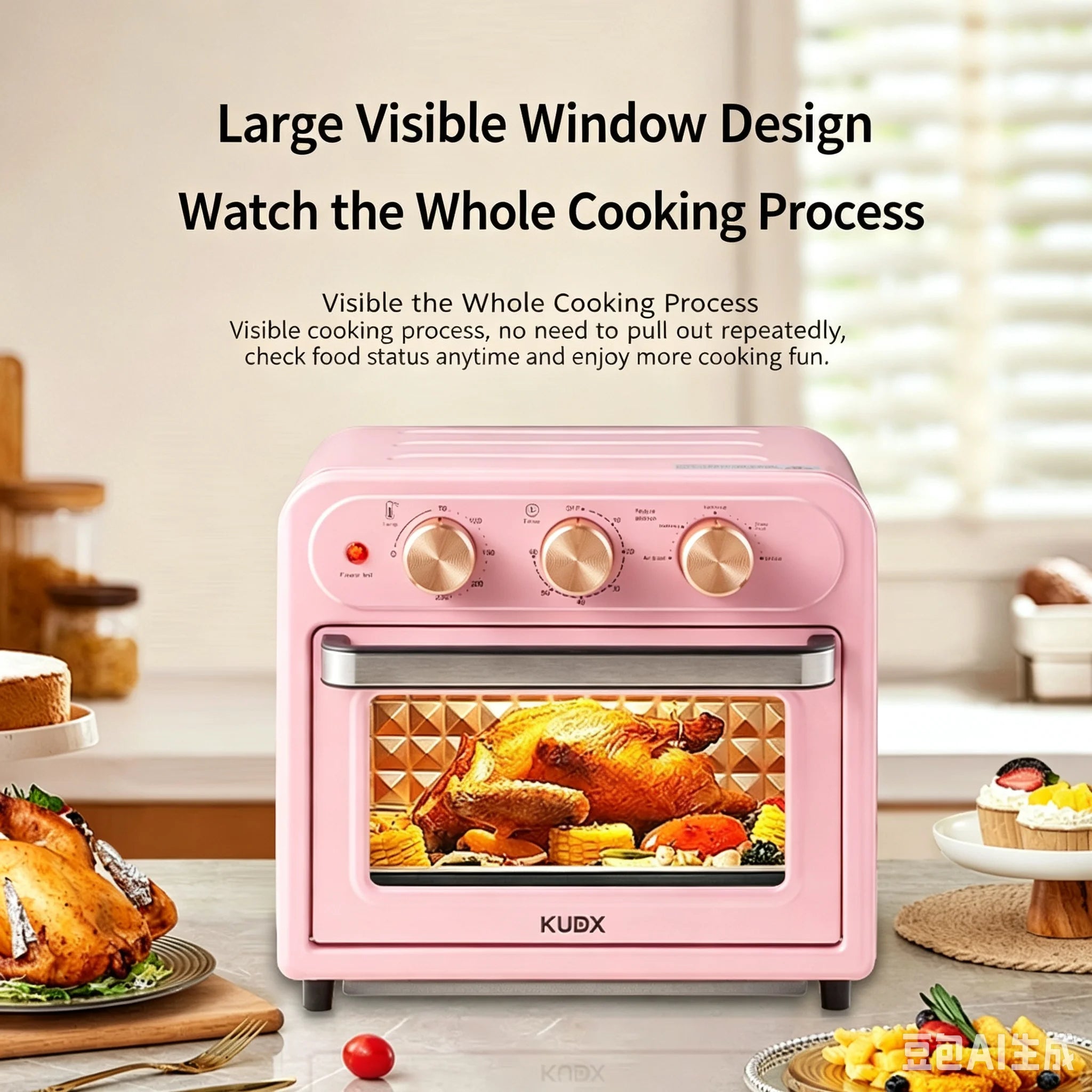 15L Visible Air Fryer Oven Retro Pink Multifunctional Toaster Oven Oil-Free Baking Mini Electric Oven 15.85QT Countertop Oven