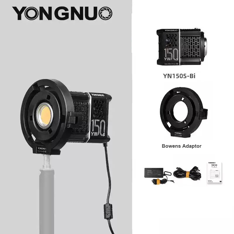 YN150S-Bi LED video light with Bowens adaptor, power cables, and controller, used for professional photography lighting.
