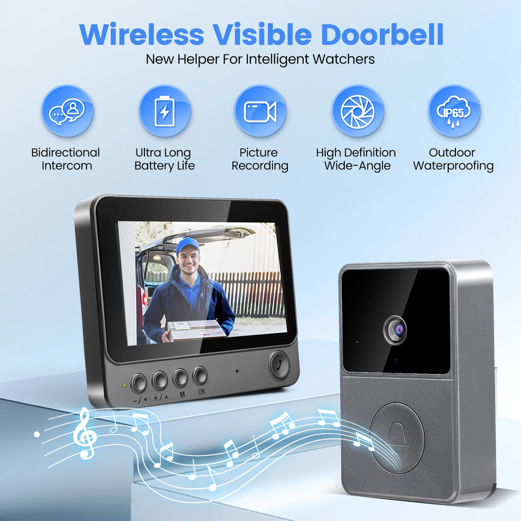4.3 Inch Doorbell with Camera, Video Doorbell Radio IP65 Waterproof Door Intercom 170° Viewing Angle, Night Vision, 6 Ringtones