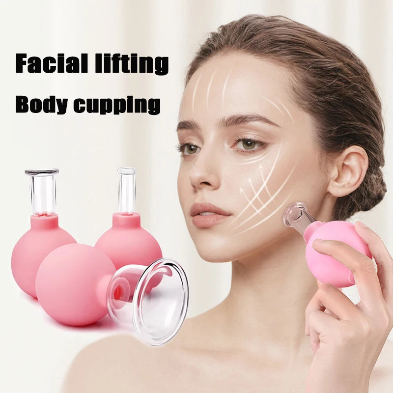 A woman uses a pink rubber and clear glass facial cupping tool, with three additional cups displayed in the foreground.