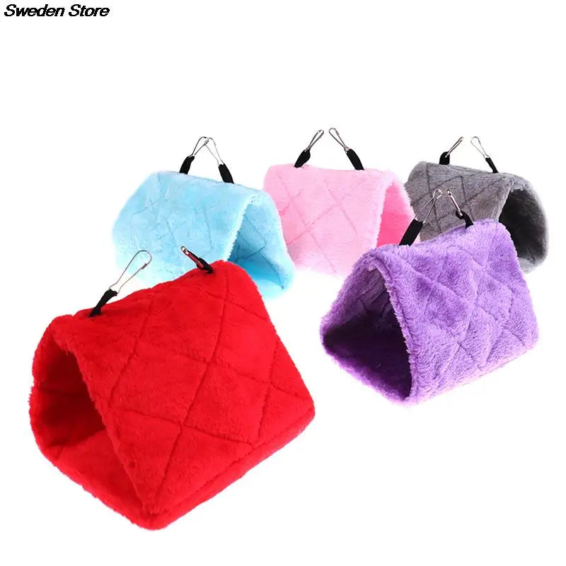 Soft plush hanging hammock for hamsters, rats, and birds in multiple colors for cozy cage warmth and play.