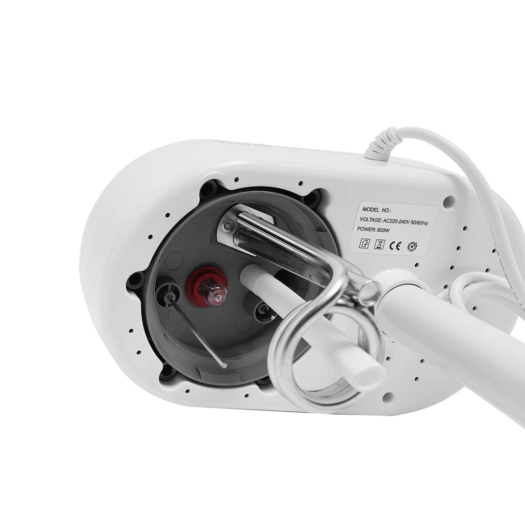 White electric immersion heater with a metal heating element and red internal indicator light for water warming.